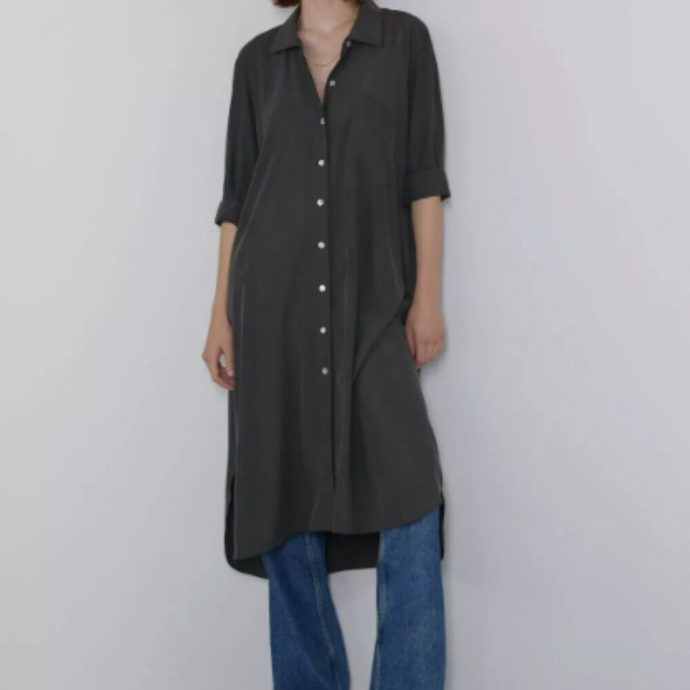 ZARA Oversized Collared Button Down Shirt Style Dress in Army Green